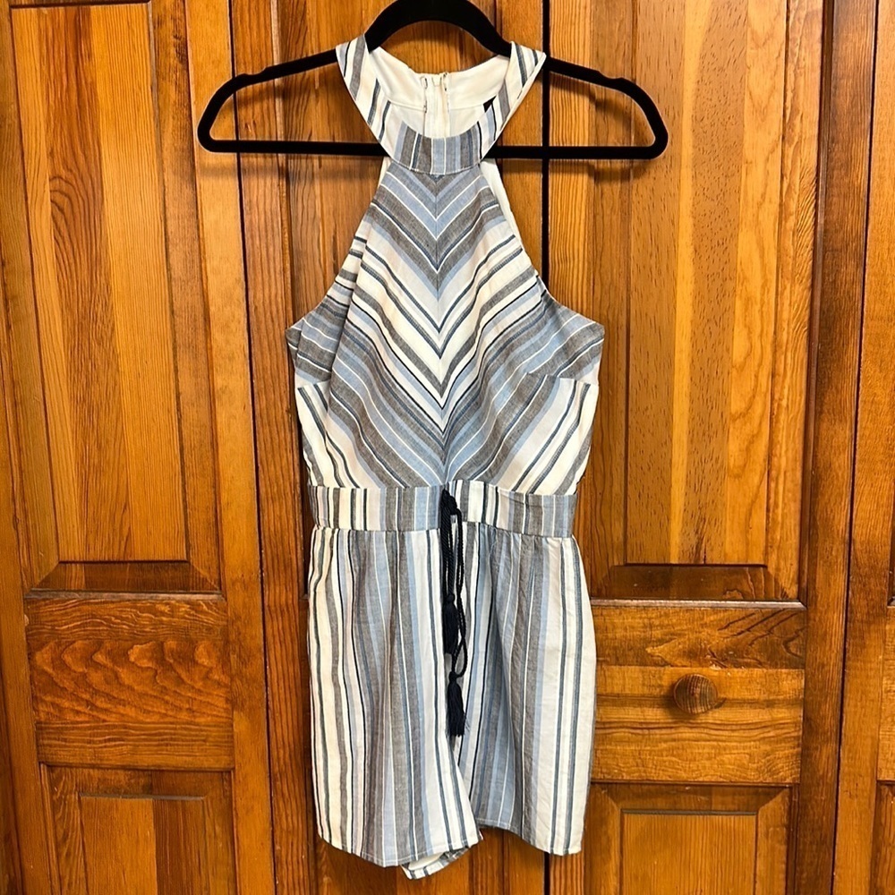 Crystal Sky Striped Halter Top Lined Full Back Zipper Romper Size Small